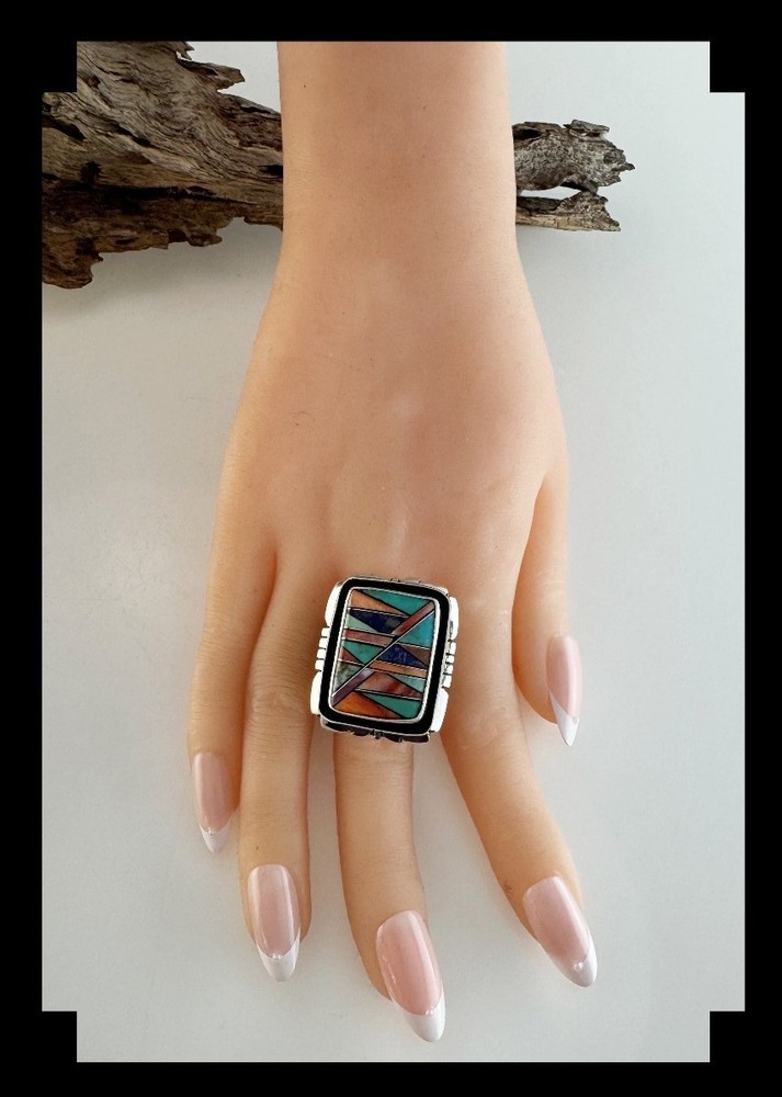 Handcrafted Sterling Silver Multi Stone Inlay Ring Adjustable