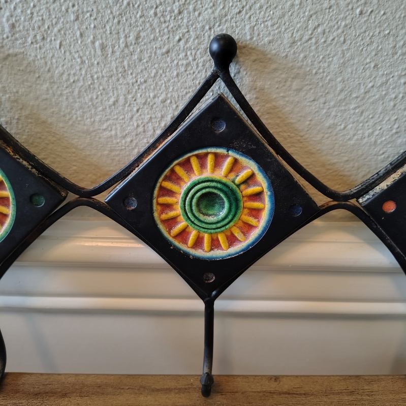Vtg 90s Wrought Iron Ceramic Celestial Sun Coat Hanger Multicolor 3 Hooks Boho