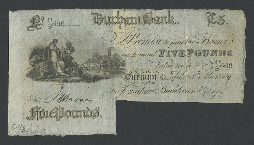 ENGLAND £5 note 1889 Durham Provincial Banknotes