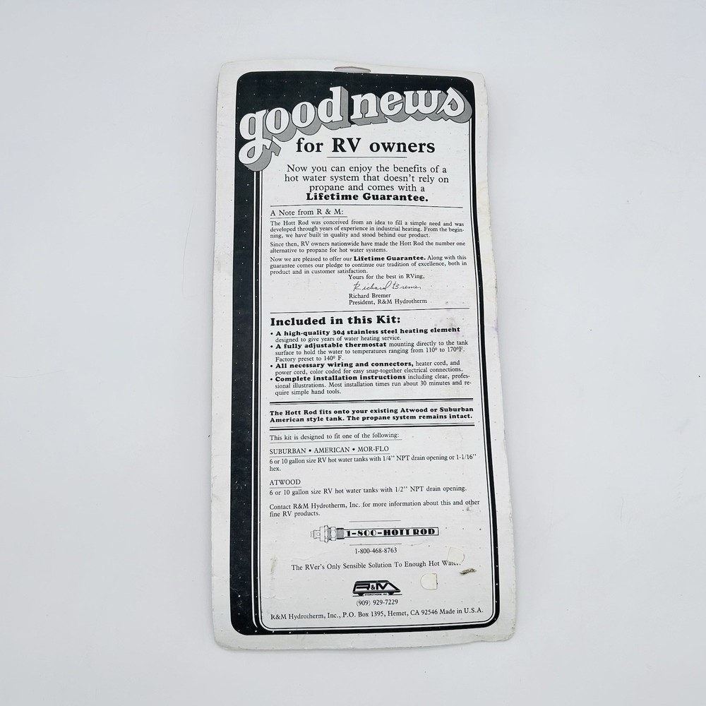 R&M Hydrotherm Hott Rod RV Water Heater Electric Kit NOS Vintage Made USA