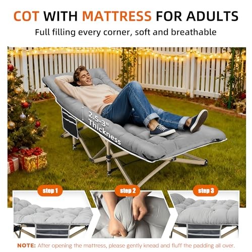Portable Camping Cot, 600LBS Max Load, Extra Wide with Thick Mattress, 1 Grey