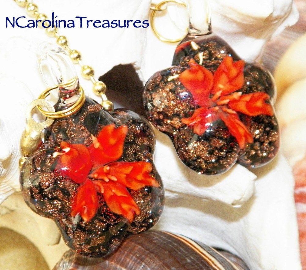 RED FLORAL STAR BLACK GLITTER GLASS CEILING FAN LIGHT SWITCH PULL PULLS LG PAIR