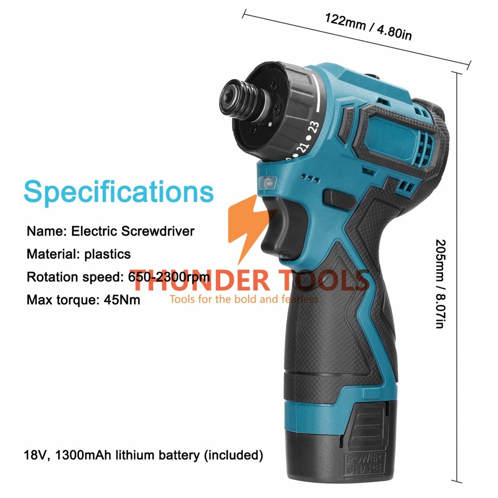18V Lithium Screwdriver Torque Adjustable 2 Speed Control Modes 1 battery