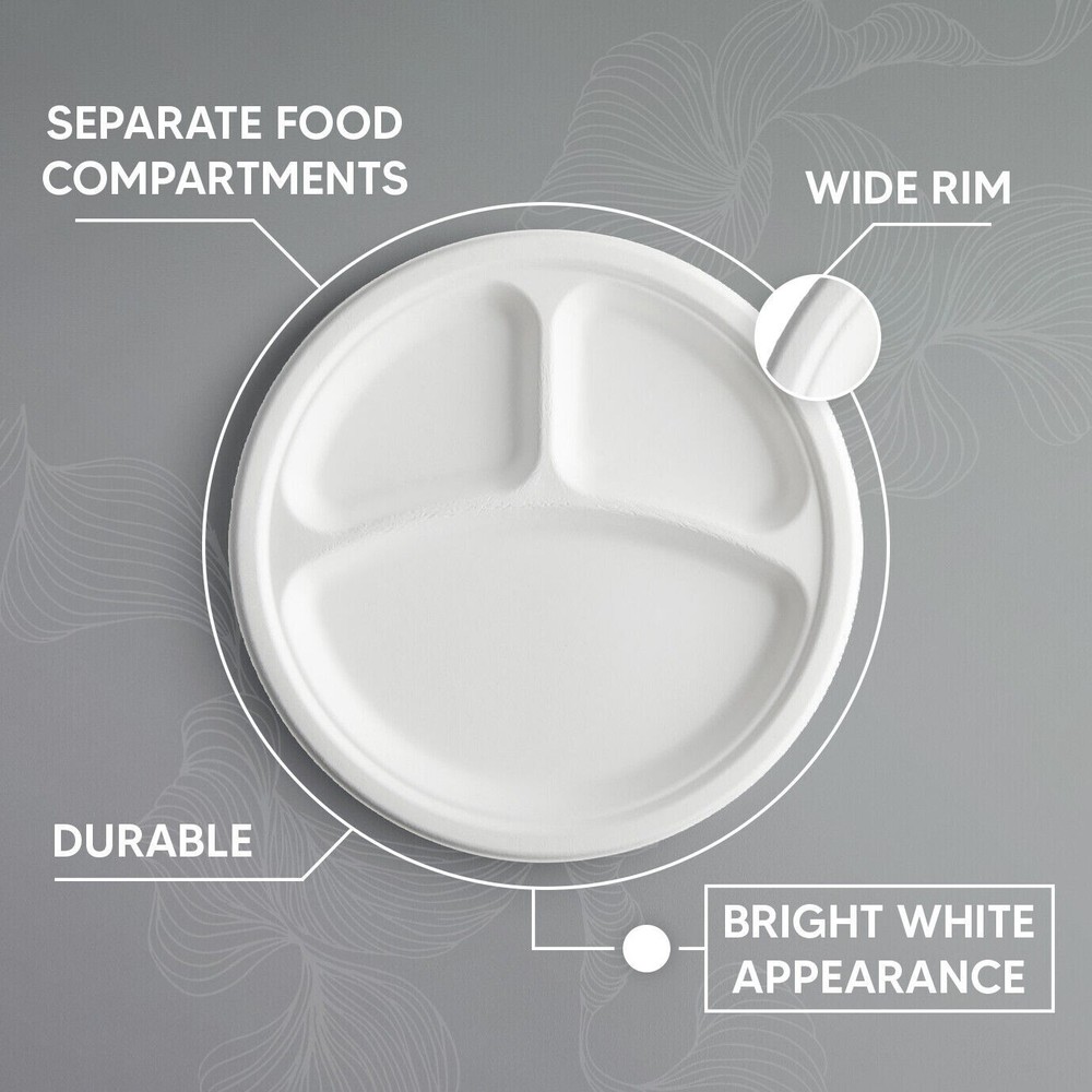 Bagasse Section Plates 10" (26cm) Biodegradable White Compartment Plates