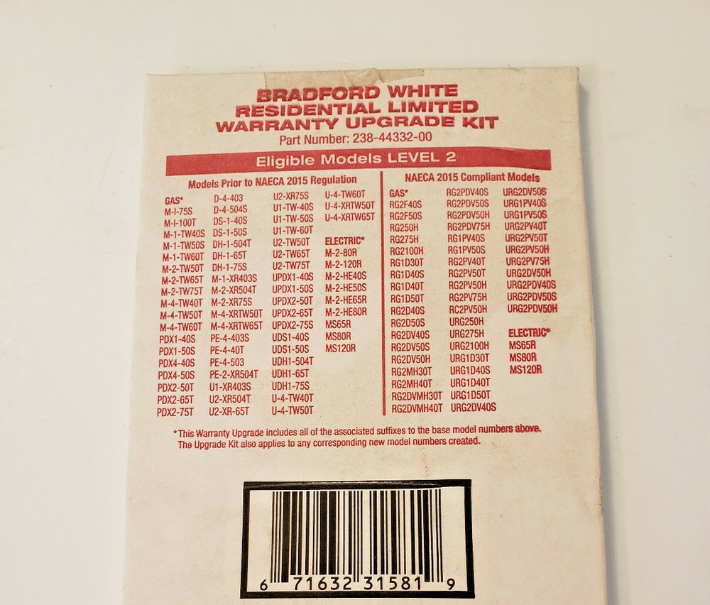 Bradford White Residential Limited Warranty Upgrade Kit Level 2 238-44332-00
