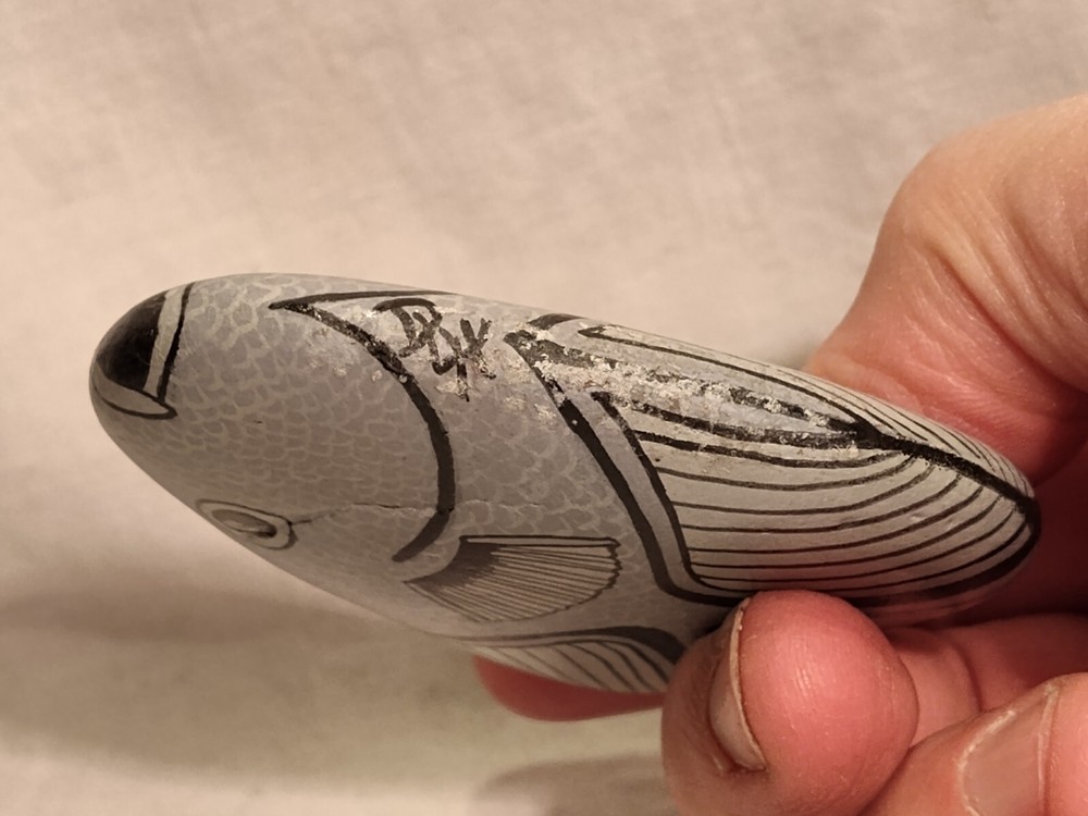 Hand Painted Stone Rock Gray Fish Signed
