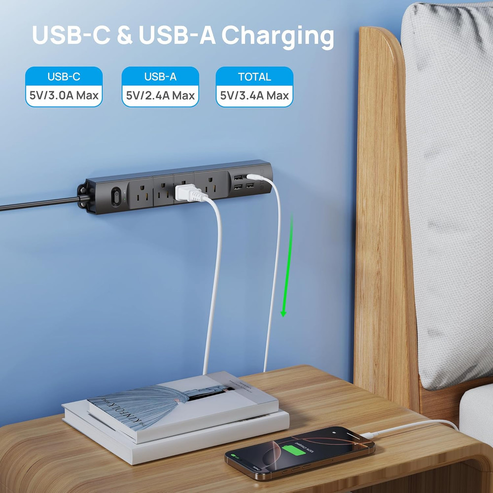 Surge Protector Power Strip with USB, Ultra Thin Flat Plug 6Ft Long Extension Co