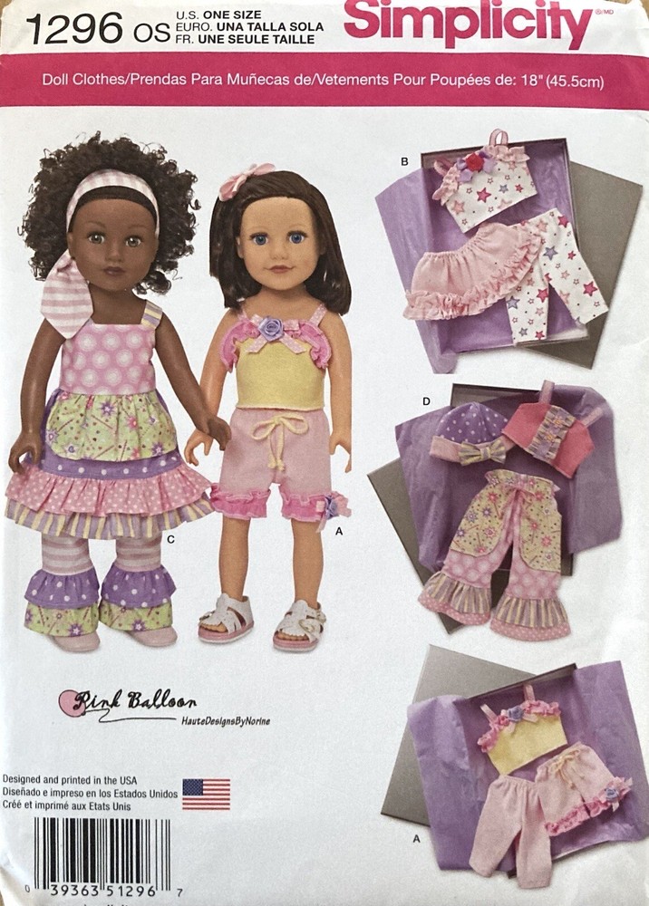 Simplicity 1296 18” Doll Clothes Pattern Ruffles One Size Uncut