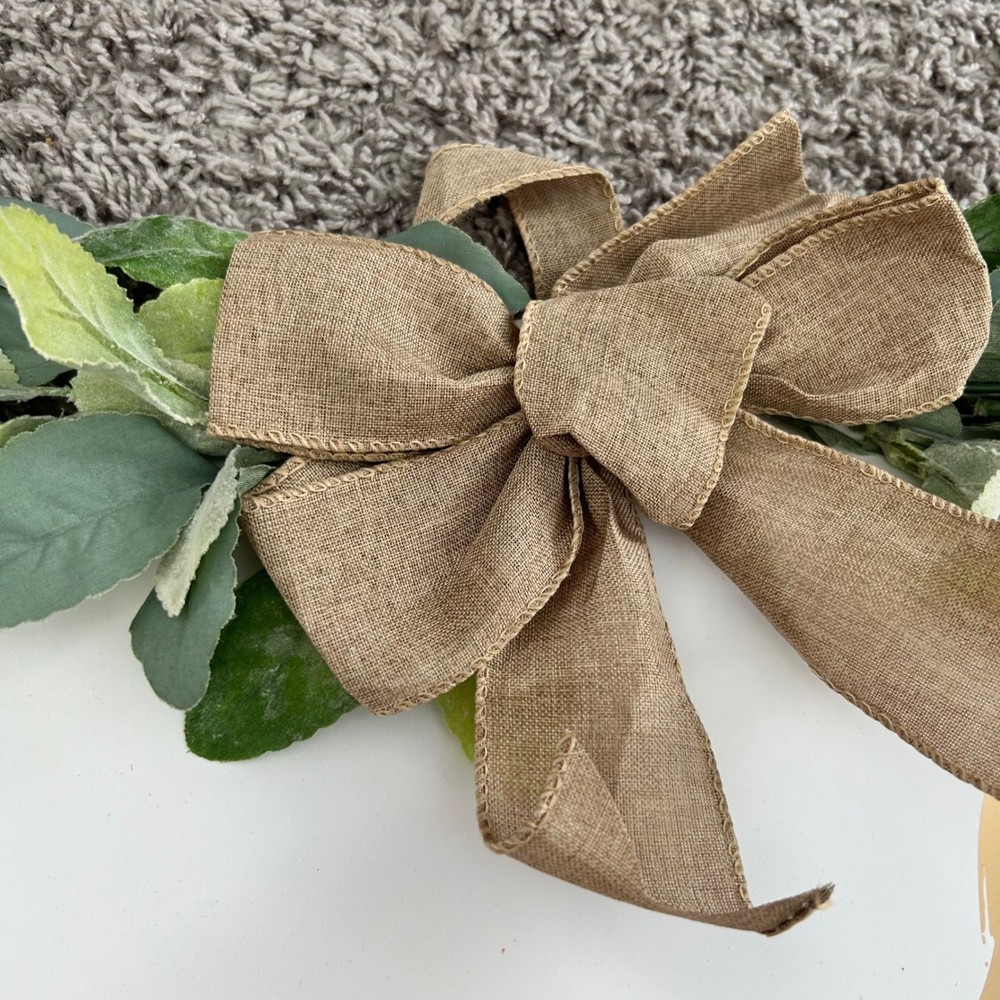 Round Wood Wall Hanging Decor White Gold Joy Script Rustic Burlap Bow Eucalyptus