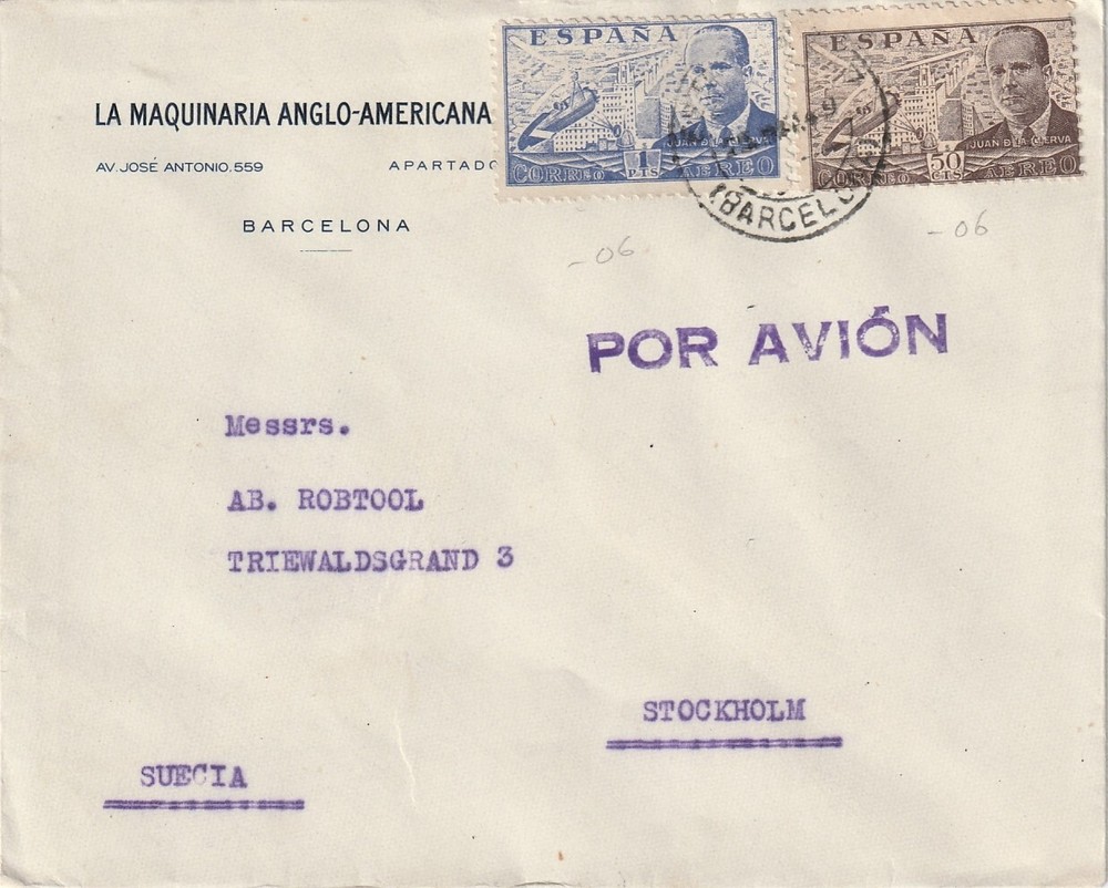 SPAIN: Airmail cover to Sweden 1949.