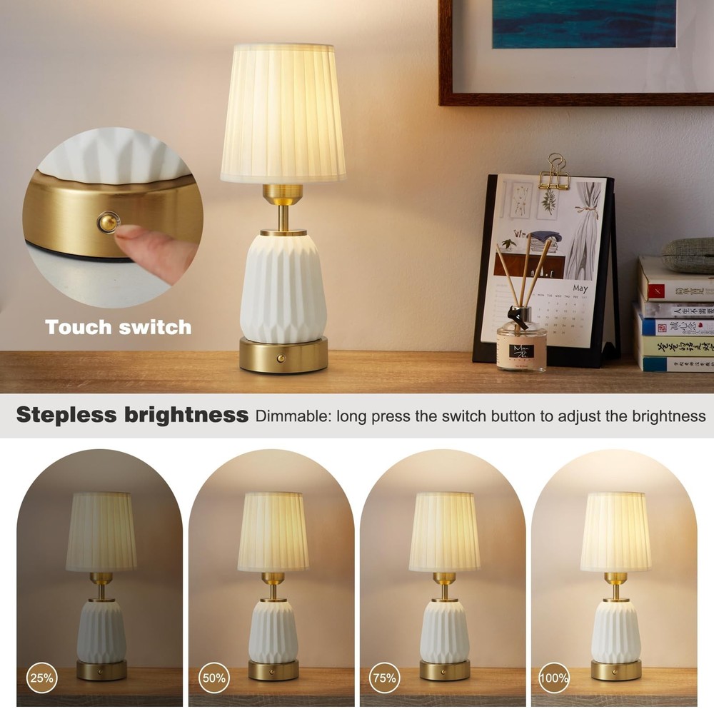Gold Modern LED Ceramic CordlessTable Lamps with Dimmer, Small Led Wireless E...
