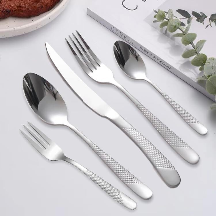 18-Piece Silver Hammered Silverware Set for 6 Stainless Steel Flatware
