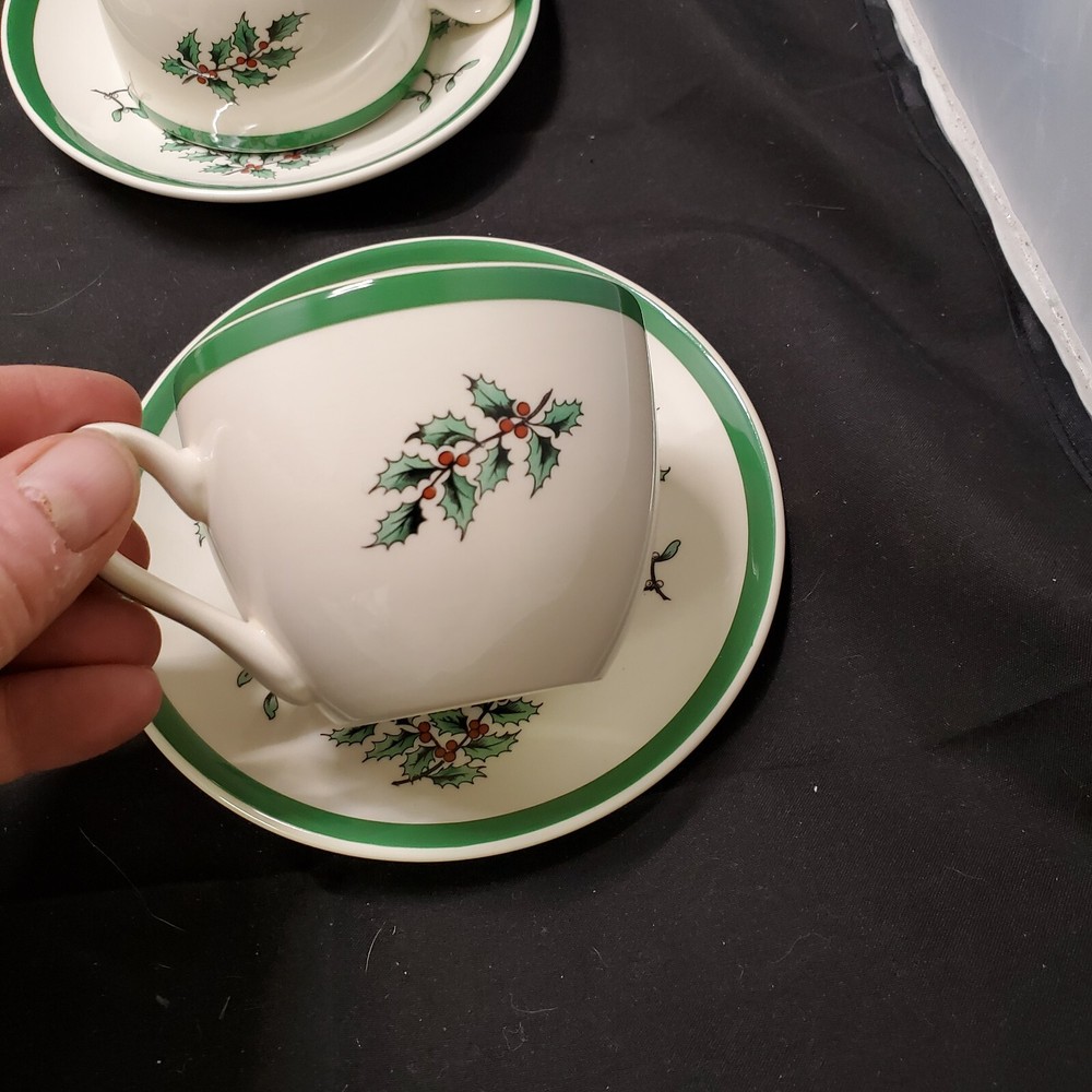 SPODE China England CHRISTMAS TREE S3324 Pattern 4- FLAT CUP and SAUCER SETS