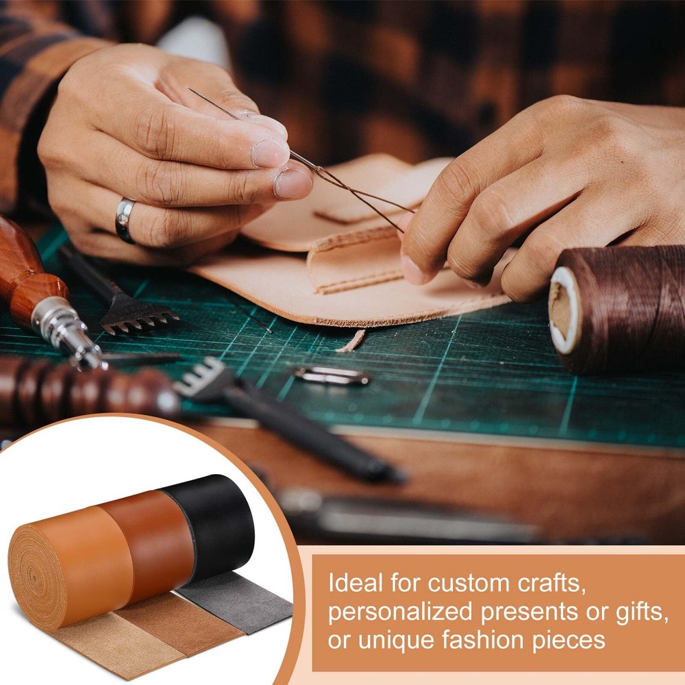 3 Rolls Leather Strap Leather Belt Strips Flat Leather Straps Single Sided Fa...