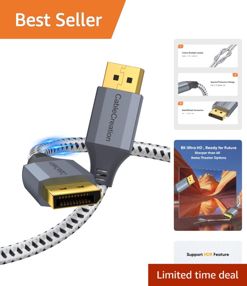 Versatile 8K DisplayPort Cable 3FT - Supports Gaming, PCs, Tablets, and More