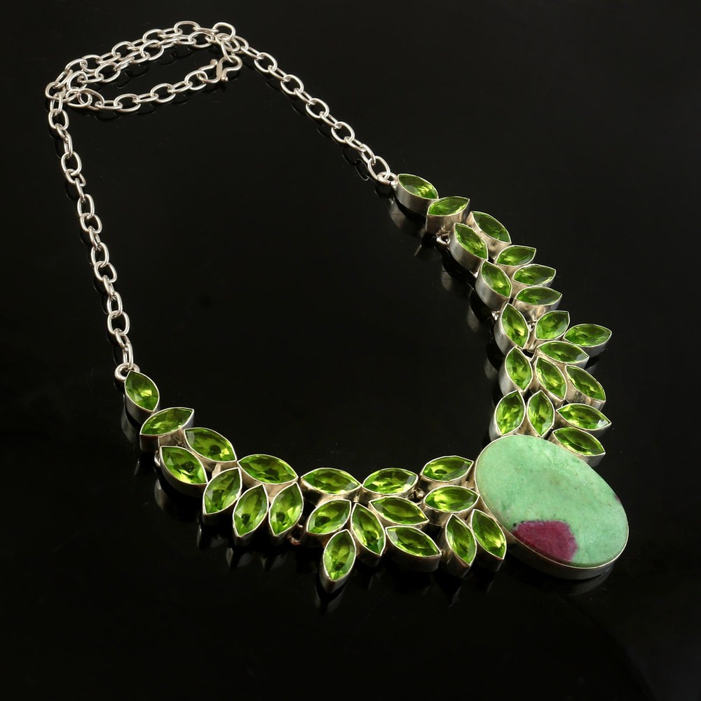 Silver Plated Green Peridot Statement Necklace Handmade Leaf Design Ethnic