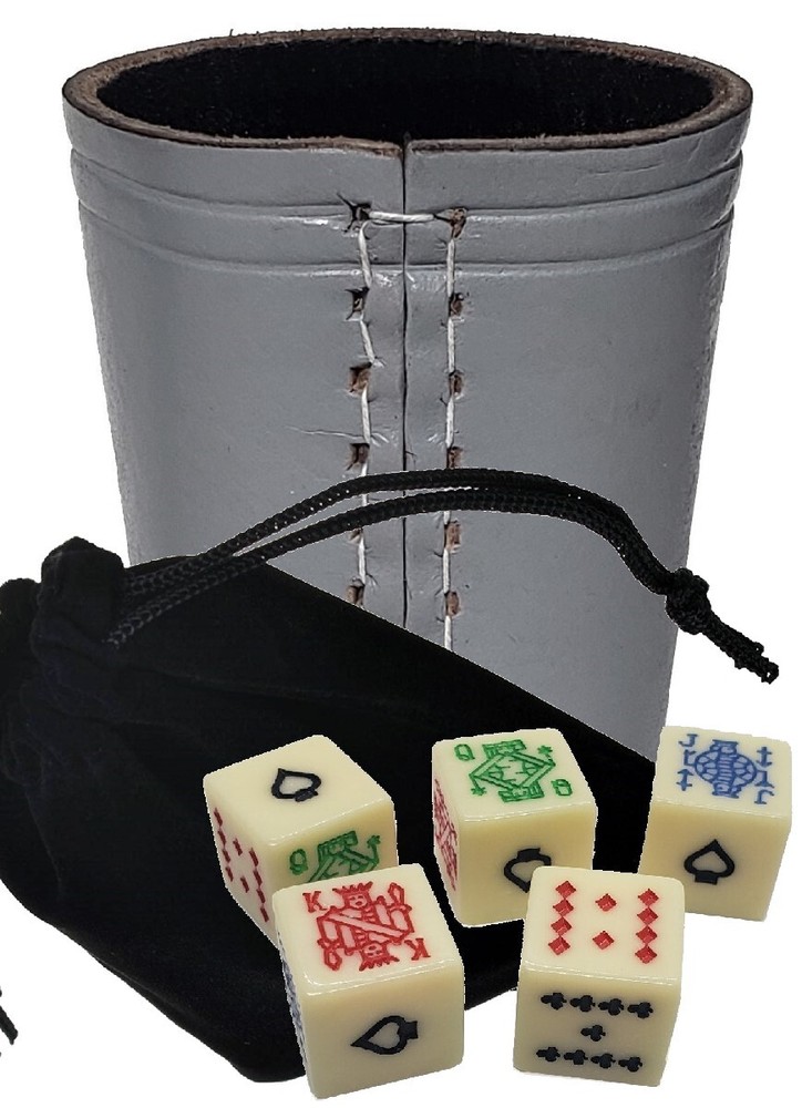 Poker Dice (Ivory Tone) w/Pouch + Genuine Leather Compact Dice Cup Grey Black