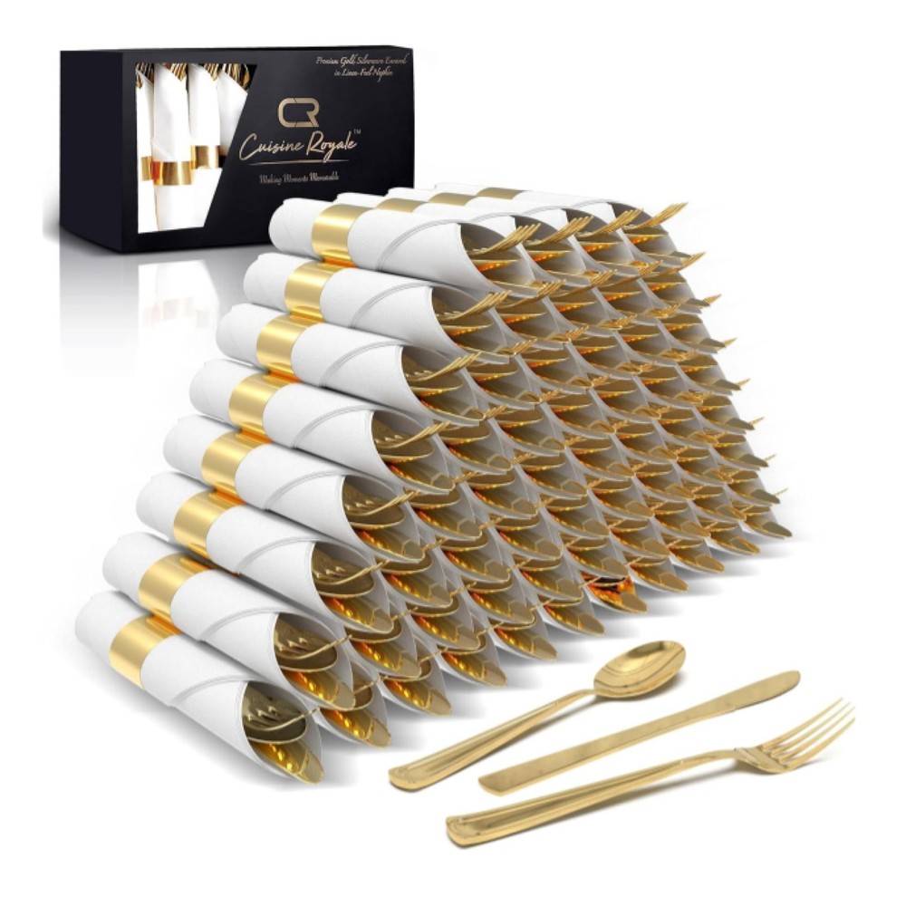 200 Piece Gold Plastic Silverware Set for 50 Guests - Premium Pre Rolled Cutl...