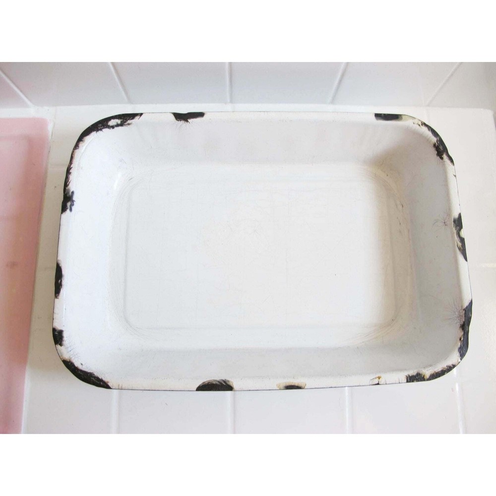 Vtg Splatterware Blue White Enamel Rectangle Roasting Pan Marbled Swirl Chippy