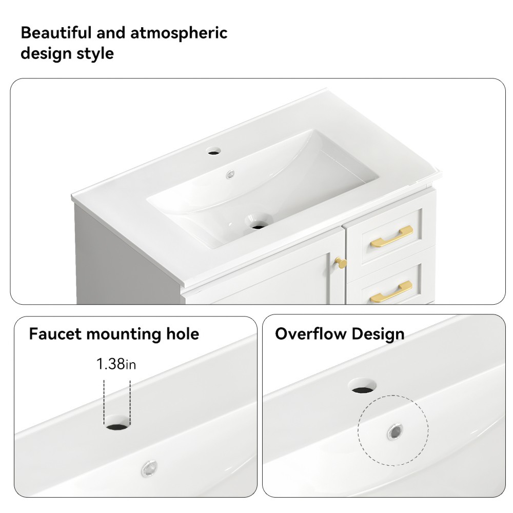30" White Bathroom Vanity w/ Soft Close Doors & 3 Drawers