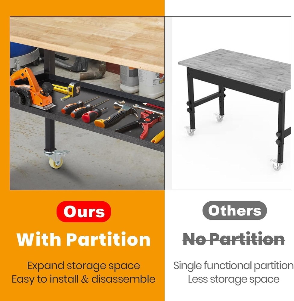 60'' Adjustable Workbench with Power Outlet, Wheels, Partition