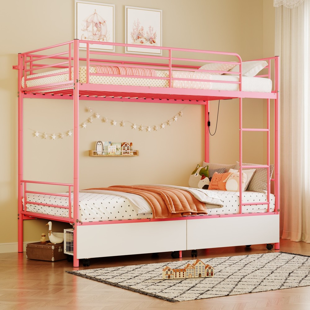 Bunk Bed with USB Charging Station, Able to Split, Metal Bunk Bed, Storage Spa