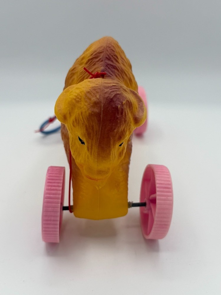 Vintage Bison Pull Toy On Wheels Plastic Buffalo Toy 7” Ring Pull