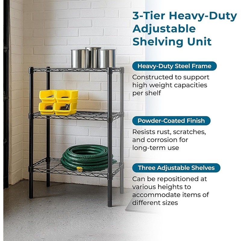 3-Tier Heavy Duty Steel Shelving Unit Adjustable Rust-Resistant Storage Solution