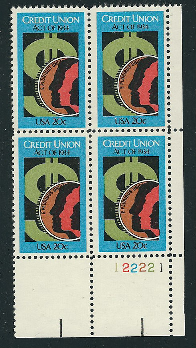 Scott # 2075....20 Cent.... Credit Union...  Plate Block