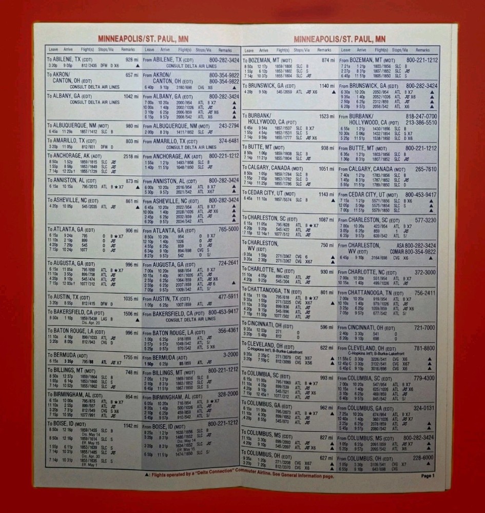 Delta Air Lines Quick Reference System Timetable April 1, 1987 Good Cond 4/1/87