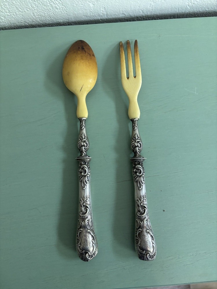 Antique silver And Horn salad Server fork and spoon (signed)