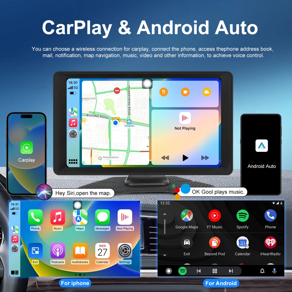Wireless 9" Touch Screen Android Auto BT Portable HD Wireless Apple Carplay