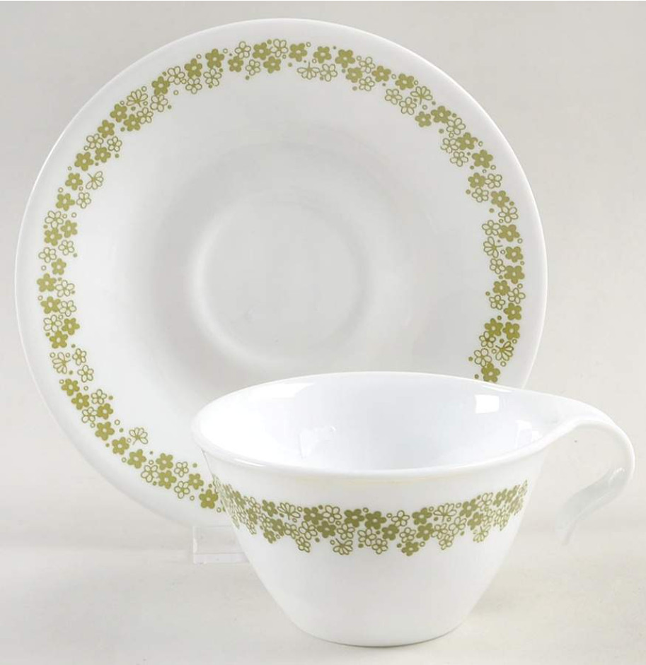 Corelle Corning Green Spring Blossom Flat Cup & Saucer Stackable Hook Handle