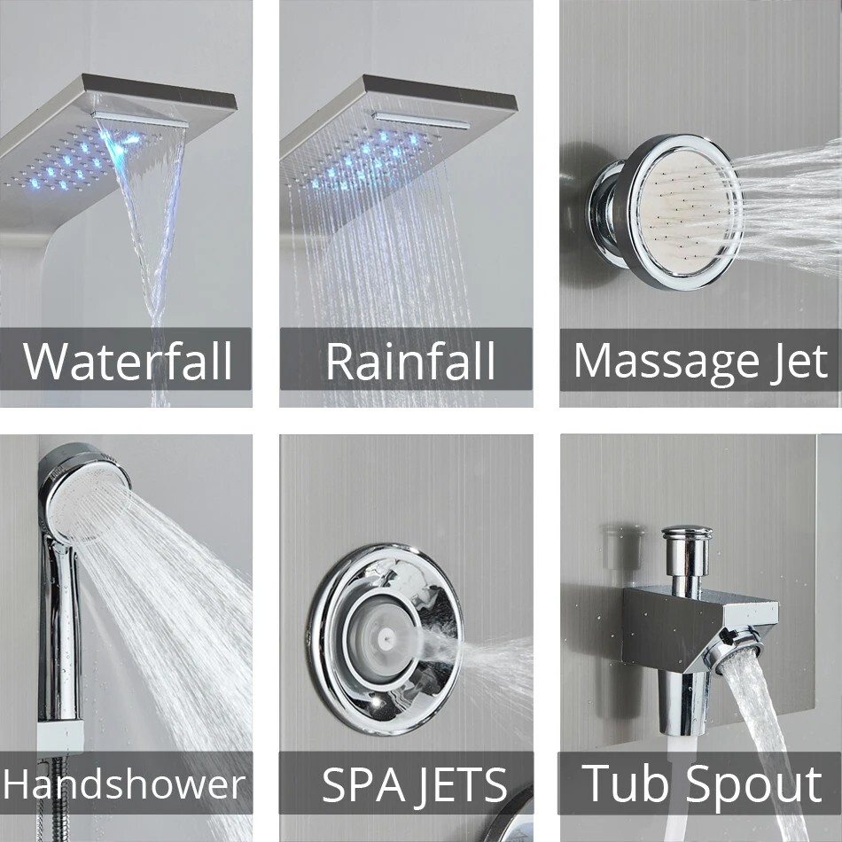 Stainless Steel LED Shower Panel Tower System Rainfall Waterfall Shower Head