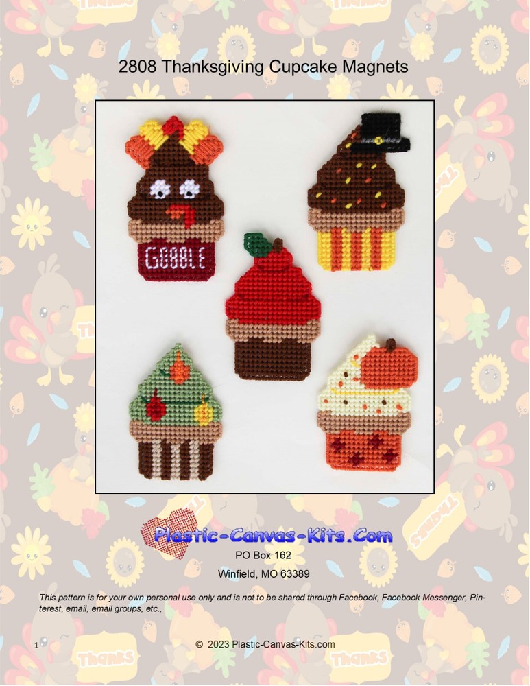 Thanksgiving Cupcake Magnets-Plastic Canvas Pattern or Kit