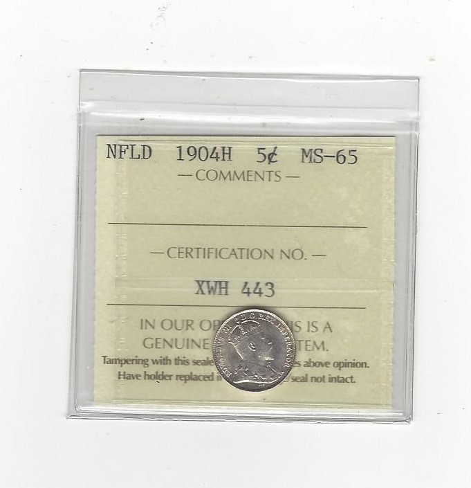 1904H  ICCS Graded Newfoundland,  5  Cent, **MS-65**
