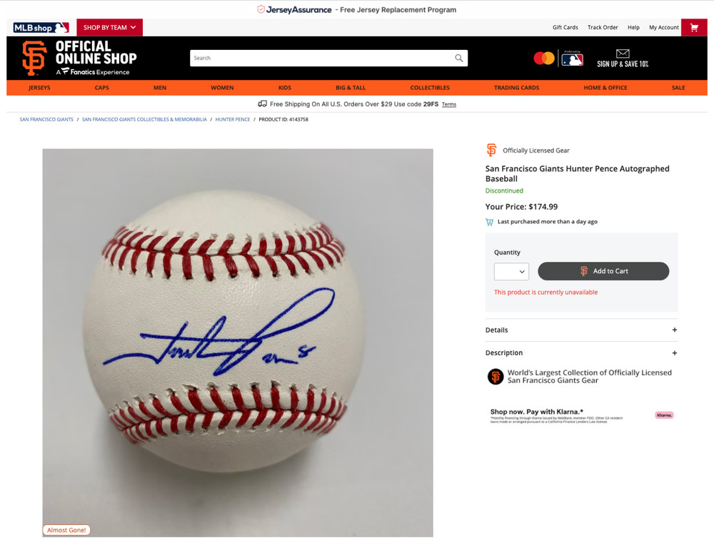 Hunter Pence Single Signed Baseball 2017 w/ MLB Hologram + Giants COA – MINT