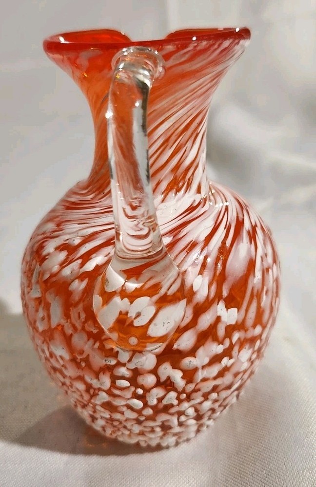 4"T Hand Blown Orange Spatterware Clear Handled Pitcher