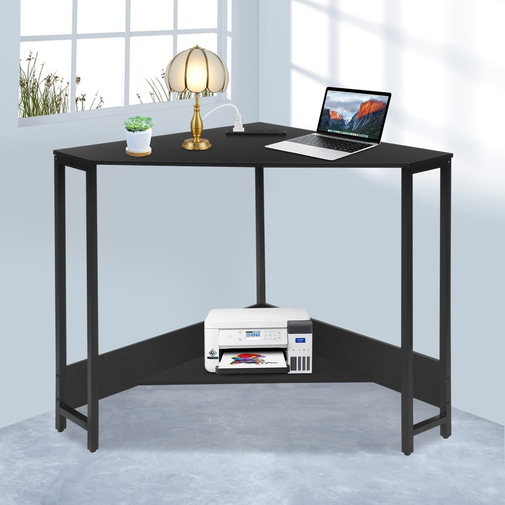 Triangular Corner Desk, Small Desk with Outlets, Free Standing Corner Table