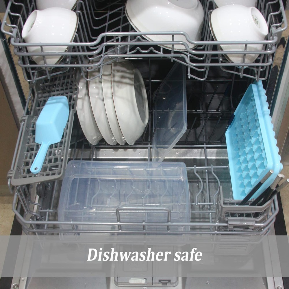 3 Pack Blue Ice Trays & Lids, 1 Ice Bin & 1 Ice Scoop, Easy Release, Save Space