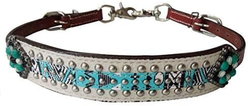 Teal & White Navajo Print Leather Wither Strap