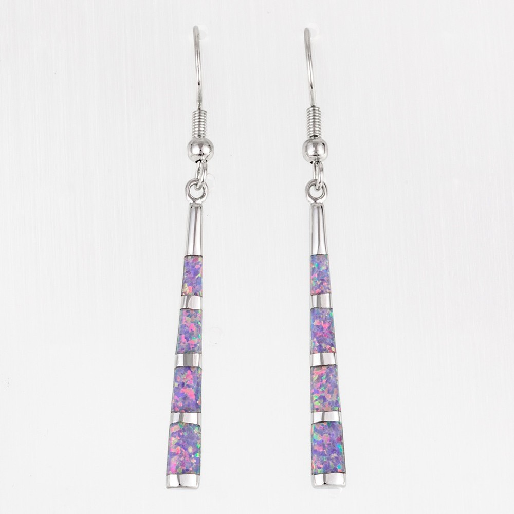 Camber Surface Stick Lavender Purple Fire Opal Silver Dangle Drop Earrings