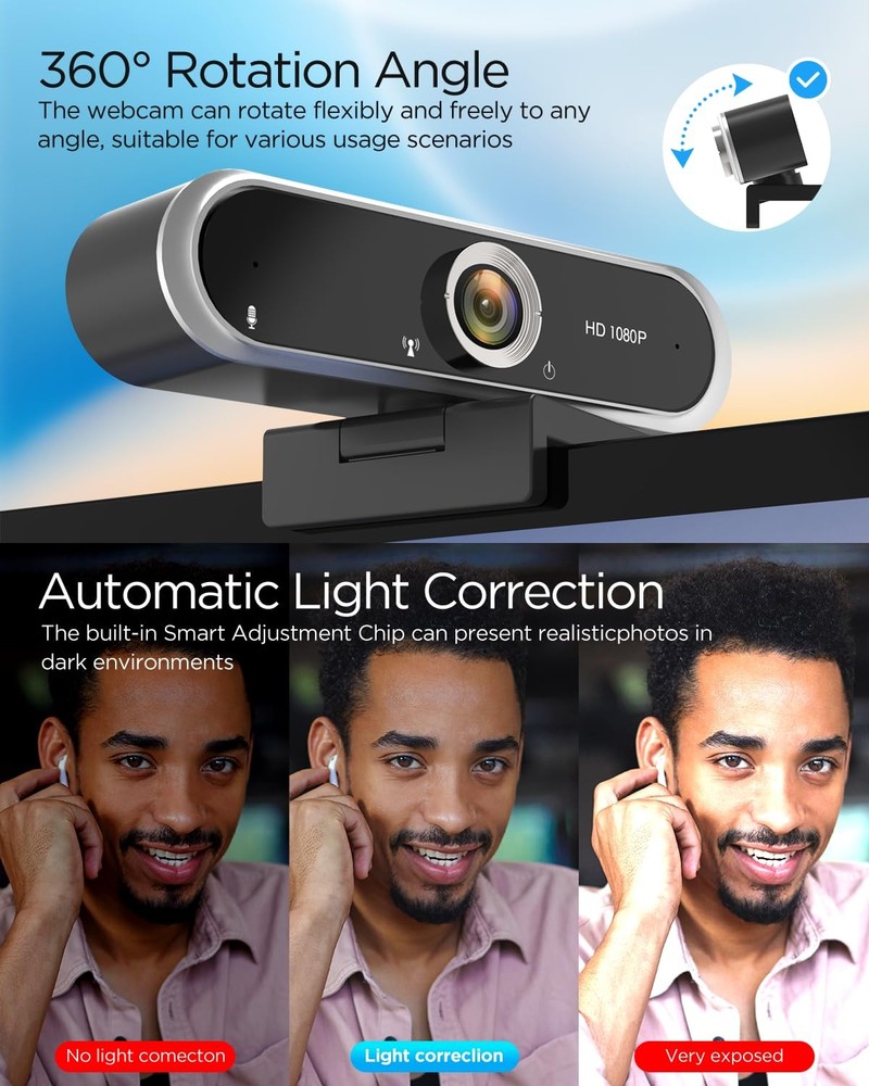 1080P Webcam w Microphone USB Camera Auto Light Correction