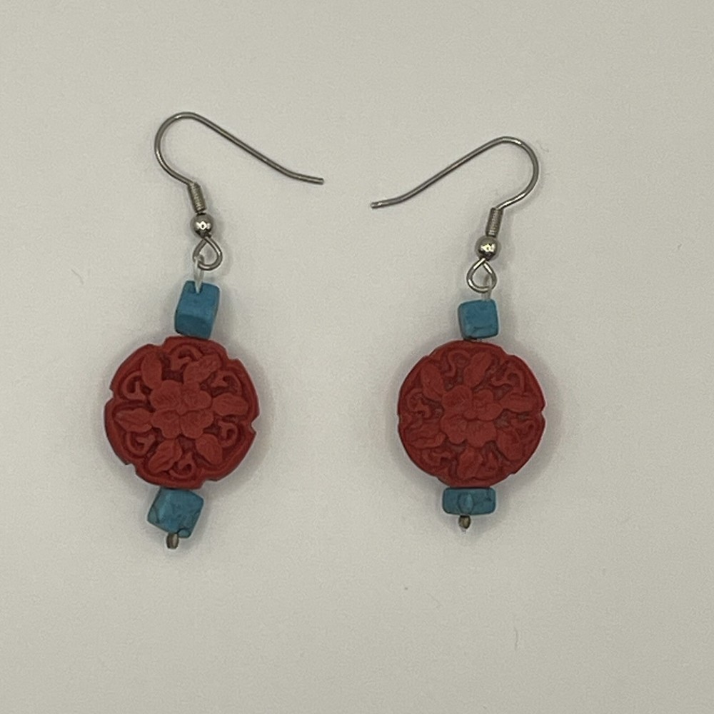 Cinnabar And Turquoise Dangle Earrings