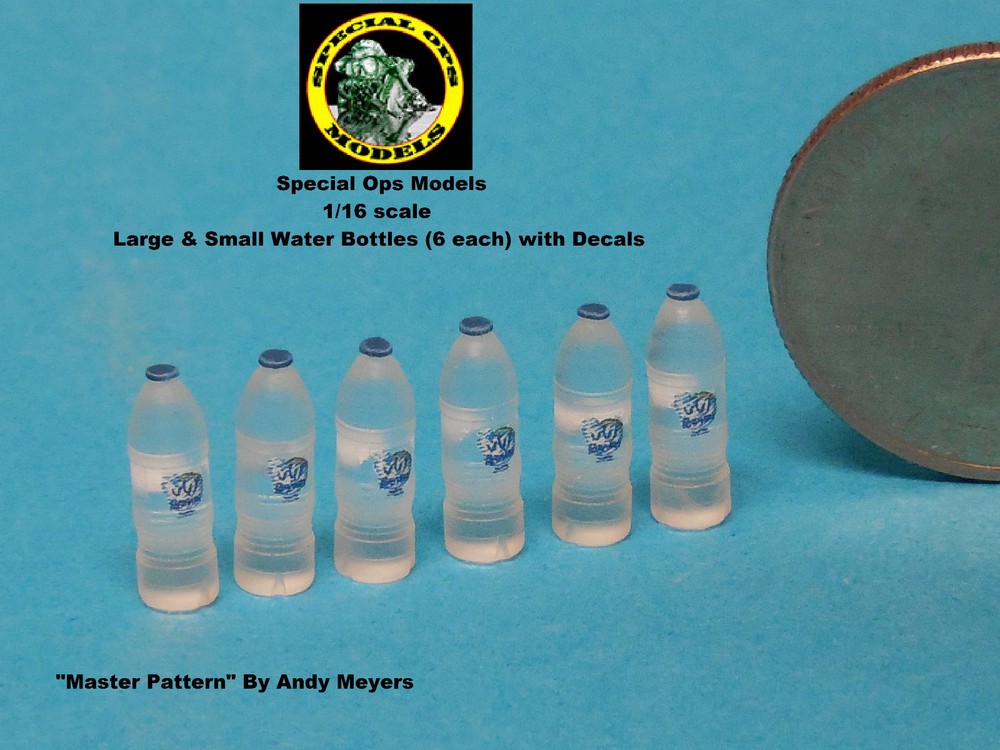 1/16 scale Modern Clear Water Bottles Small & Large (12 pcs) with Decals