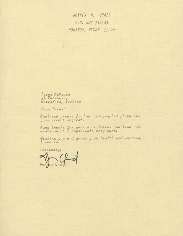 DENNIS QUAID - TYPED LETTER SIGNED