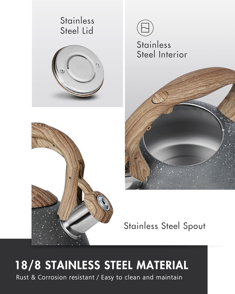 Tea Kettle, 2.7 Quart Natural Stone Finish with Wood Pattern Handle Loud Whis...