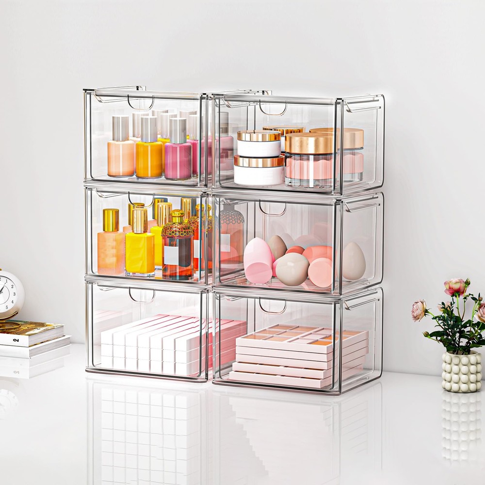 caktraie 6-PC Clear Acrylic Stackable Storage Drawers Makeup Organizer