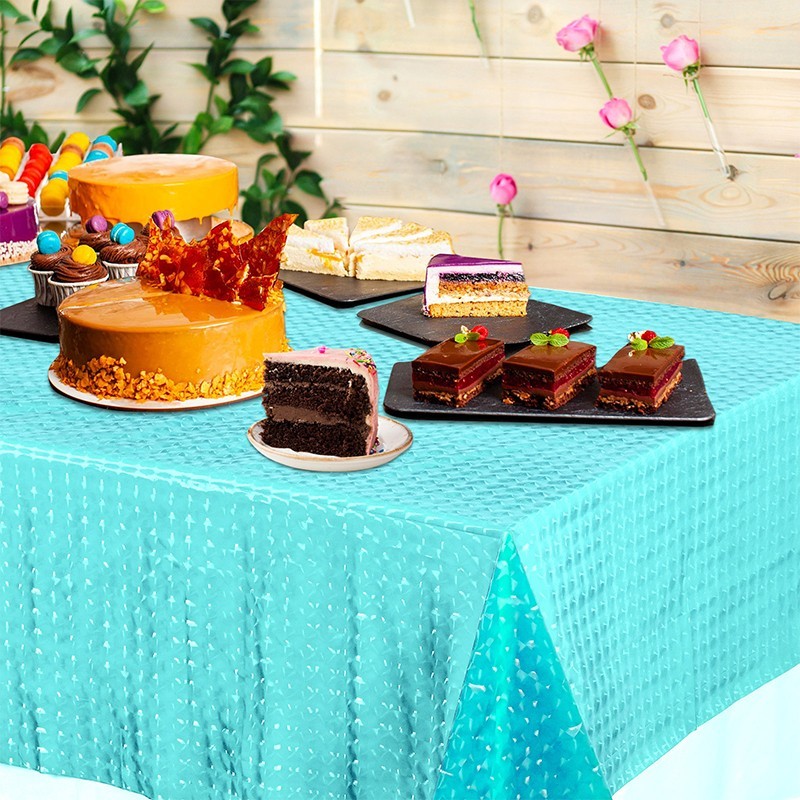 A sky-blue 3D checkered three-piece plastic tablecloth set