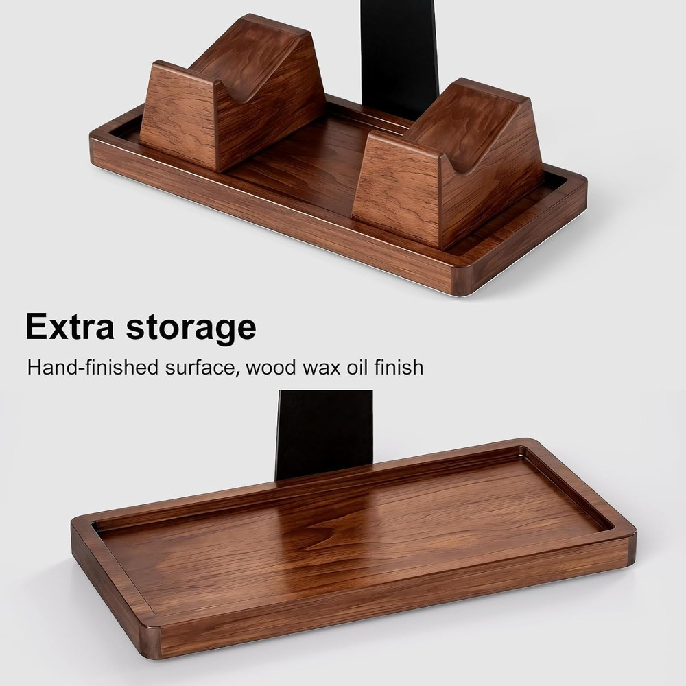 Headset Stand with 2 Controller Holders - Solid Wood & Metal Gaming Headphone Ho